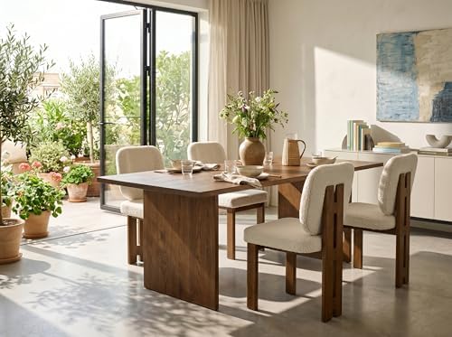 CIMOTA Modern Boucle Dining Chairs Set of 4, Upholstered Armless Side Chairs with Ergonomic Curved Back/Walnut Wood Legs, Mid-Century Accent Chairs for Kitchen or Dining Room, Beige