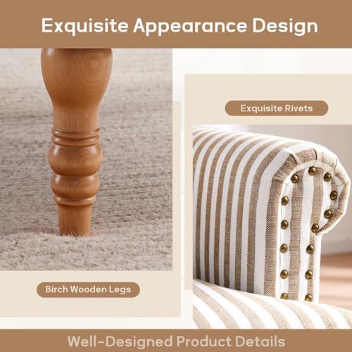 HUIMO Linen Fabric Accent Chair, Mid-Century Modern Armchair with Solid Wood Legs, Single Sofa Chair,Upholstered Reading Club Chair (1, Brown and White Stripe)
