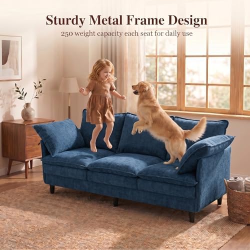 KYJ 69” Small Sofa, Cloud 3-Seat Love Seat, Small Couch for Living Room | 3 Layer Cushion, Washable Pillow, Deep Seat, Chenille Fabric, Raised Leg, Curved Armrest, In a Box for Small Spaces, Blue