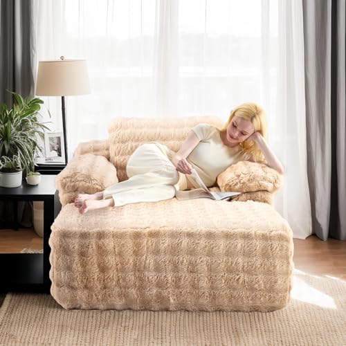 VINGLI Floor Chaise Lounge Chair Indoor, 55.5" Deep Seat Sleeper Sofa Bed Upholstered Bubble Fleece Fabric Couches for Living Room, Bedroom, Play Room, No Assembly Required