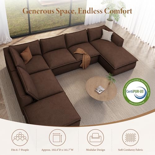 Vesgantti 7 Seater Sectional Couch, 141.7" Large Cloud Sofa, Brown | U Shaped Modular Couch with Chaise Ottoman, Deep Seat Sofa for Living Room, Pinstripe Corduroy, Curved Armrest, No Assembly