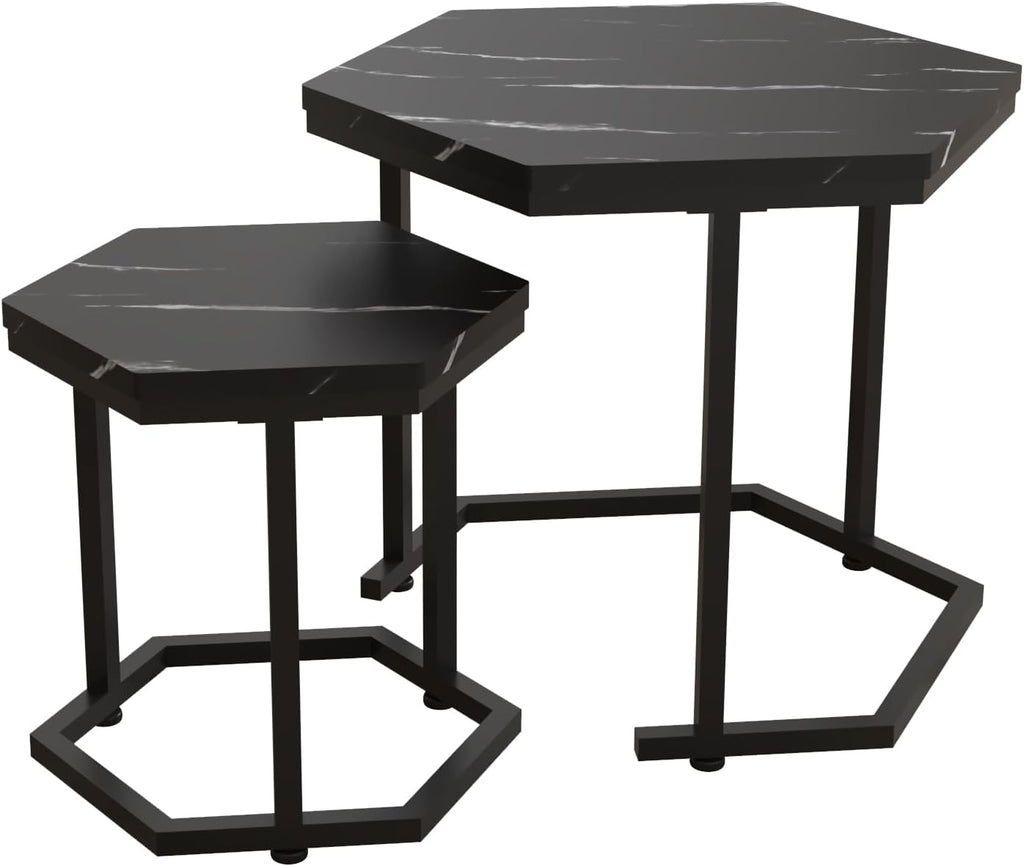 Hexagon Nesting Side Tables Set of 2, Black Marble | Space-saving hexagon nesting side tables set of 2, sturdy metal frame, waterproof MDF top, for living room bedroom