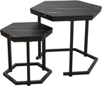 Hexagon Nesting Side Tables Set of 2, Black Marble | Space-saving hexagon nesting side tables set of 2, sturdy metal frame, waterproof MDF top, for living room bedroom