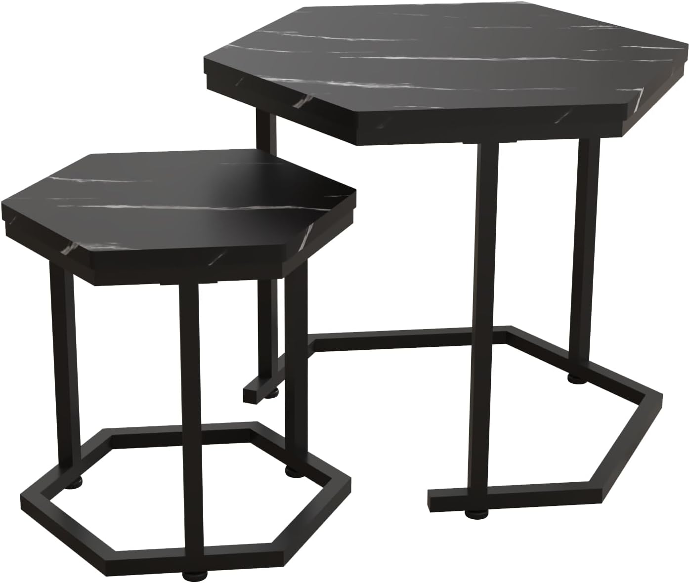 Hexagon Nesting Side Tables Set of 2, Black Marble | Space-saving hexagon nesting side tables set of 2, sturdy metal frame, waterproof MDF top, for living room bedroom