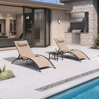 PURPLE LEAF Pool Chaise Lounge Set of 3 Bronze Aluminum Chair, Pebble Gray | 2 Chaise + 1 Table, UV Textilene Fades Less, S-Curve Backrest with Arm, 5 Recline Angles, Adjustable Headrest, Stackable