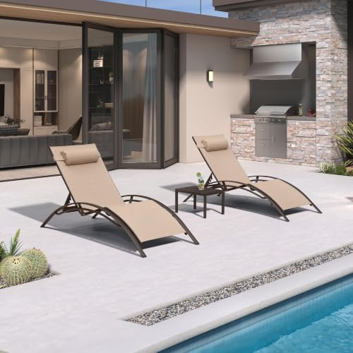 PURPLE LEAF Pool Chaise Lounge Set of 3 Bronze Aluminum Chair, Pebble Gray | 2 Chaise + 1 Table, UV Textilene Fades Less, S-Curve Backrest with Arm, 5 Recline Angles, Adjustable Headrest, Stackable