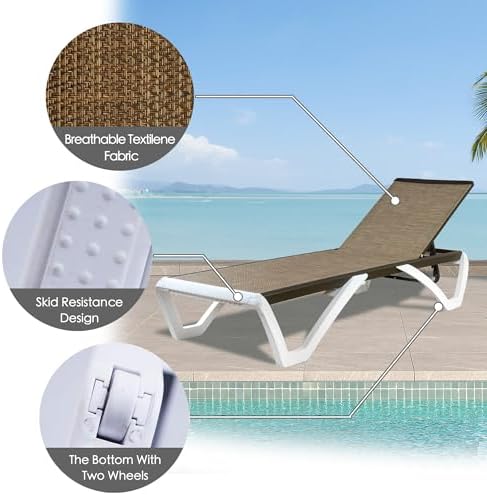Kozyard Outdoor Chaise Lounge Chair, Full Flat Adjustable Patio Lounger with Aluminum Frame & Resin Legs, Textilene Fabric for Poolside, Backyard & Beach (Beige, Chair)
