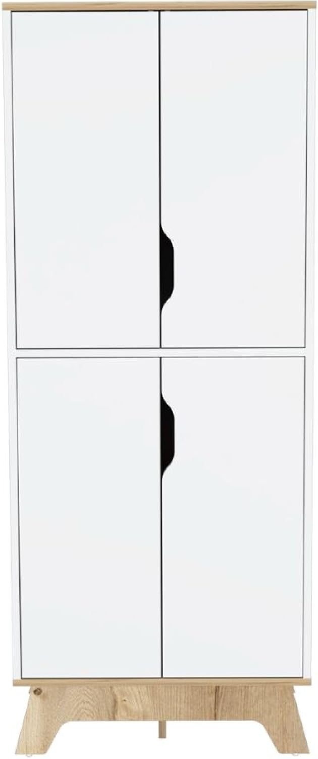Pamplona Double Kitchen Pantry, Double Door, Four Legs, Four Shelves -Light Oak/White
