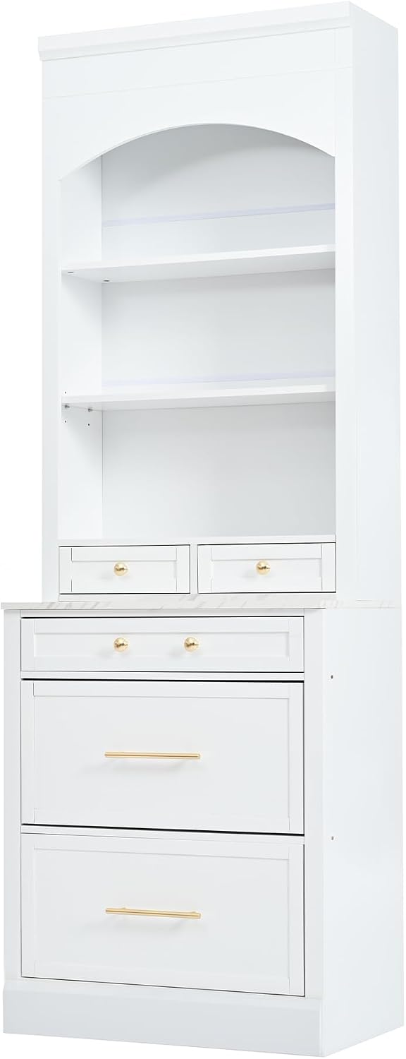 83.7" Tall Kitchen Pantry, Modern Storage Cabinet with 5 Drawers 1 Adjustable Shelf, Freestanding Kitchen Hutch with Faux Marble Top (White,1)