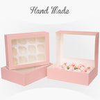 Bakepacker Auto-pop up 12 Cupcake Containers 6-Packs Pink Cupcakes Carrier, 12 Cupcake Boxes with Window 13"x10"x3.5"