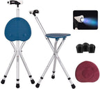Folding Stool with LED Light, Adjustable Walking Cane Seat, Portable Tripod Chair with Handle