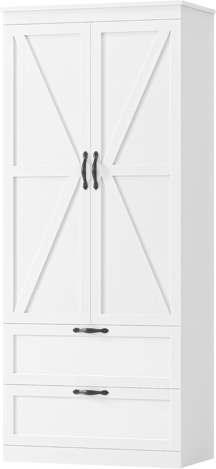 HOSTACK 70" Kitchen Pantry Storage Cabinet, Farmhouse Pantry Cabinet, White | Large Food Kitchen Pantry with 2 Wide Drawers & Adjustable Shelf, Tall Snack Cabinet with Doors, Dining Room, Living Room