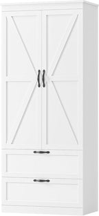 HOSTACK 70" Kitchen Pantry Storage Cabinet, Farmhouse Pantry Cabinet, White | Large Food Kitchen Pantry with 2 Wide Drawers & Adjustable Shelf, Tall Snack Cabinet with Doors, Dining Room, Living Room