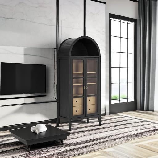 Modway Nolan Modern Farmhouse 71 Inch Tall Arched Storage Display Cabinet in Black Oak