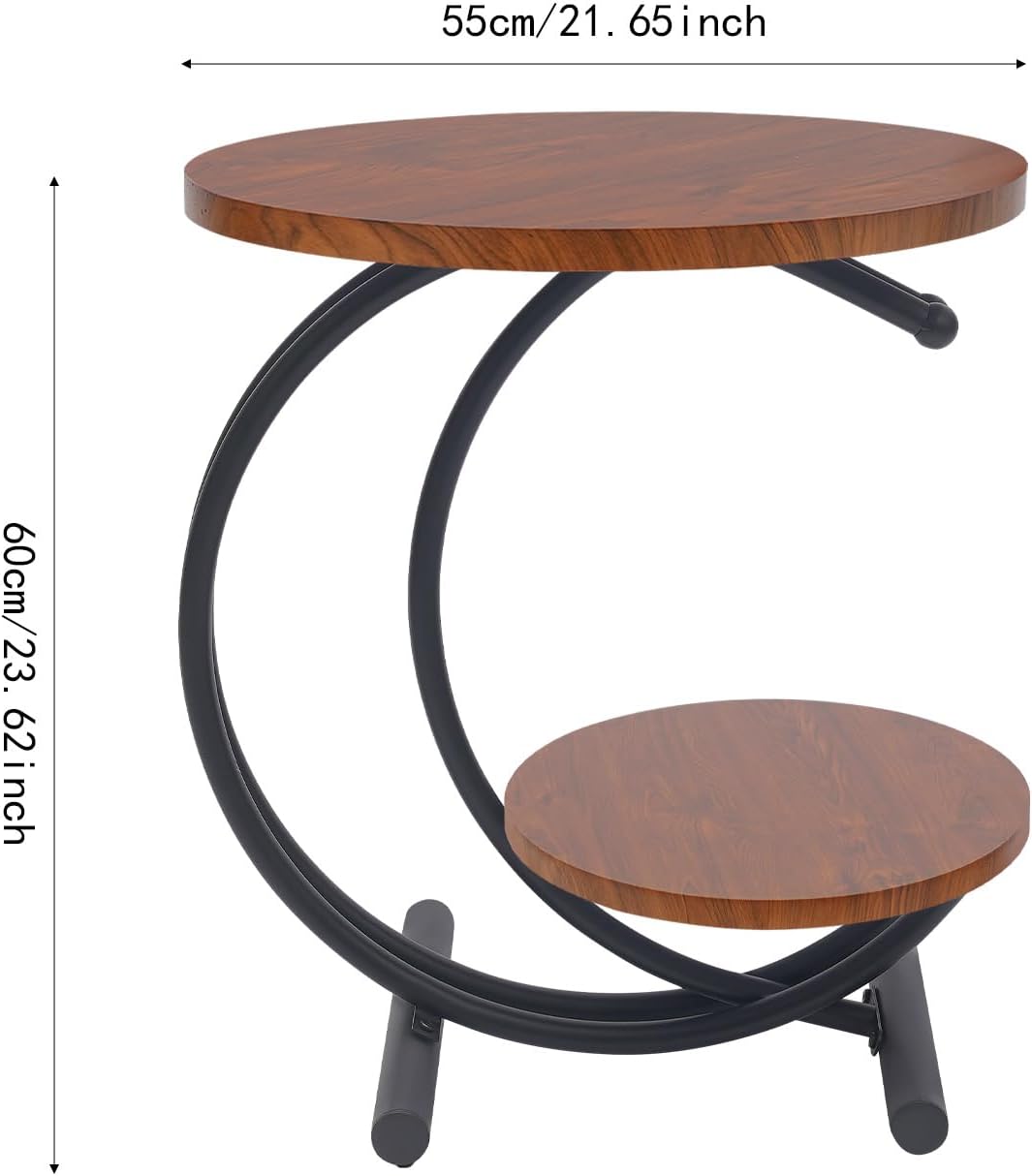 JOMCYDM 2-Tier Side Table, 2-Tier Round End Table, 55x55x60cm End Table with Storage Shelf for Living Room, Bedroom,Floor Standing (Black + Walnut Color)