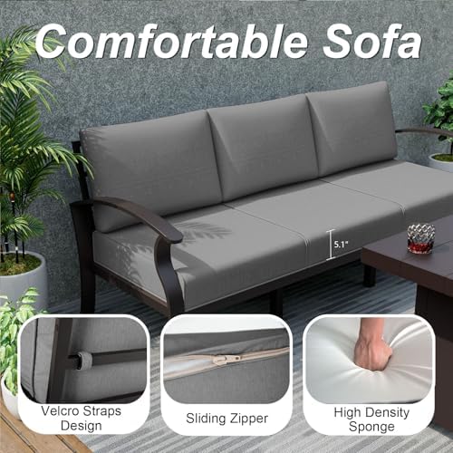 ALAULM Aluminum 3-Seat Patio Furniture Set, Metal Outdoor Furniture Sectional Sofas w/5.1" Cushions for Patio, Backyard, Poolside-Grey