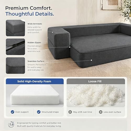 10 Inch Folding Sofa Bed Memory Foam Futon Chair Bed, Modern Fold Out Couch | Full Size Convertible Sleeper Sofa for Living Room, Foldable Floor Guest Mattress, Dark Grey
