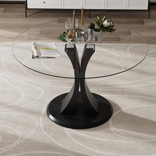 Round Dining Table, 47" Glass Dining Table for 4-6, Glass Kitchen Table with Robust Pedestal for Apartment Home Kitchen Living Room(Black)