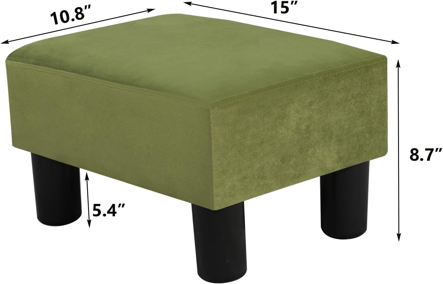 Adeco Small Velvet Foot Stool for Living Room & Bedroom, Boho Chic Upholstered Ottoman Footrest with Thick Padded Seat, Compact Under Desk Stool, 15 inch, Grass Green, Supports 335 lbs