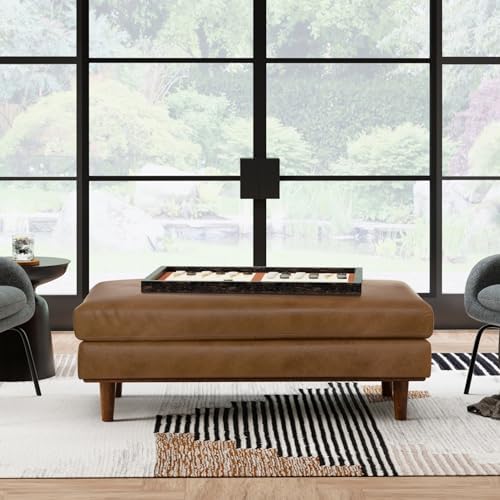 SIMPLIHOME Morrison 49" Wide Genuine Leather Rectangle Ottoman in Caramel | Caramel brown, mid-century modern ottoman with a cushioned top for extra seating, coffee table or footrest.