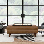 SIMPLIHOME Morrison 49" Wide Genuine Leather Rectangle Ottoman in Caramel | Caramel brown, mid-century modern ottoman with a cushioned top for extra seating, coffee table or footrest.