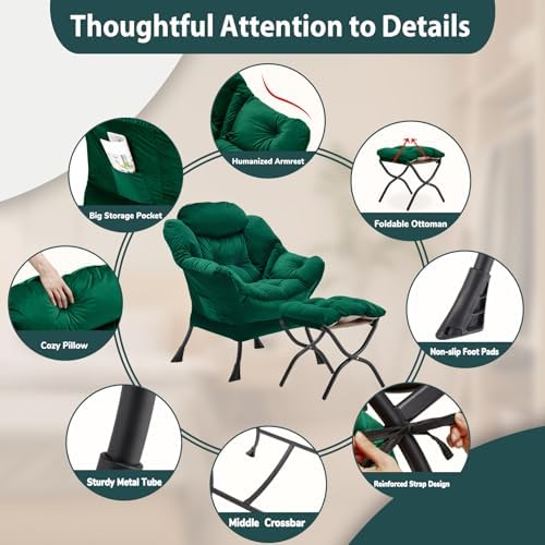Youtanic Lazy Chair with Folding Ottoman, Accent Chair Velvet Upholstered with Metal Structure and Non-Slip Pads, Sofa Armchair with Footrest and Side Storage Bag for Dorm, Room, Office, Green