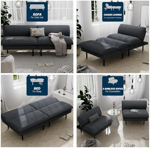 Ribilake 2 Sets 70" Futon Sofa Bed, 4 in 1 Multi-Function Couch Sleeper with Adjustable Backrest, Modern Convertible Futon, Recliner Small Loveseat for Living Room, Grey
