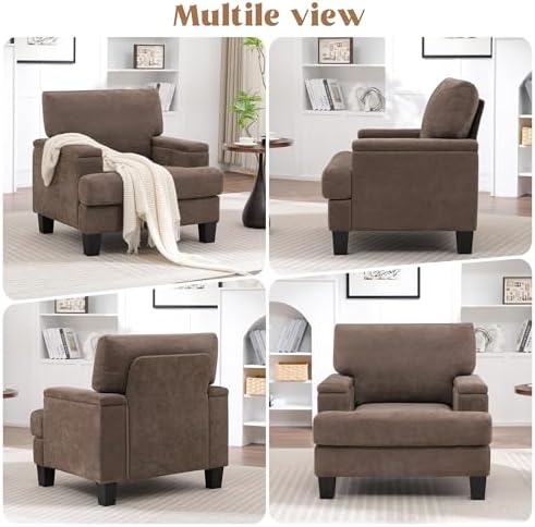 Modern Upholstered Living Room Chairs, Accent Chair with Storage Armrest, Comfy Large Armchair, Fabric Single Sofa ReadingChair for Bedroom, Dark Brown