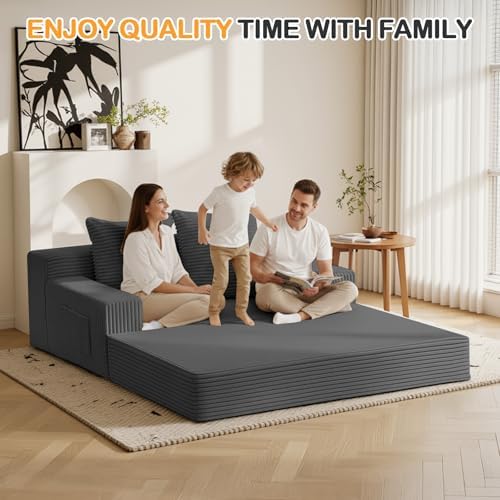 Erament Convertible Sofa Bed, Loveseat Folding Floor Futon Sleeper Sofa Couch Bed Foldable Couch, Corduroy Pull Out Sofa Bed with 2 Pillows for Living Room & Bedroom