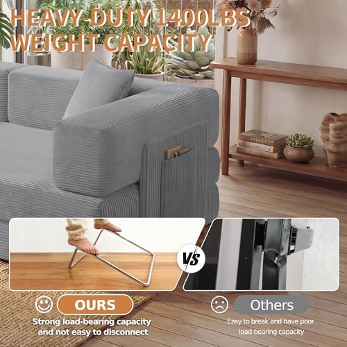 78.8" Couch for Living Room, Futon Sleeper Sofa Bed | Convertible Sofa Bed, Corduroy Pull Out Couch Loveseat with Storage Pocket, Modular Design, No Assembly, Grey