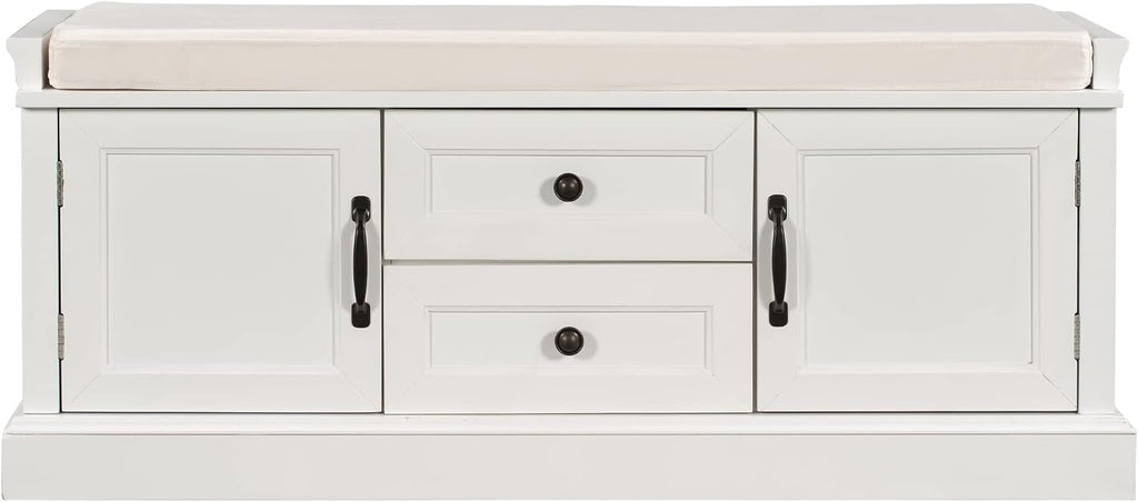 GDFStudio Jasd 42.50" Storage Bench with 2 Drawers and 2 Cabinets, Shoe Bench with Removable Cushion, Solid Wood Frame Storage Ottoman, Rectangular Cabinet Shoe Seat for Living Room Entryway, White