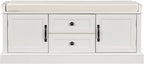 GDFStudio Jasd 42.50" Storage Bench with 2 Drawers and 2 Cabinets, Shoe Bench with Removable Cushion, Solid Wood Frame Storage Ottoman, Rectangular Cabinet Shoe Seat for Living Room Entryway, White