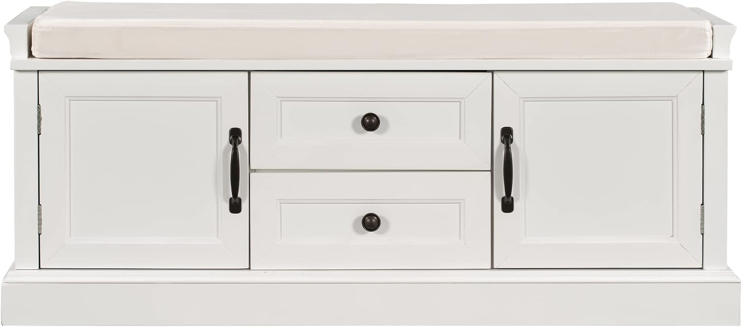 GDFStudio Jasd 42.50" Storage Bench with 2 Drawers and 2 Cabinets, Shoe Bench with Removable Cushion, Solid Wood Frame Storage Ottoman, Rectangular Cabinet Shoe Seat for Living Room Entryway, White