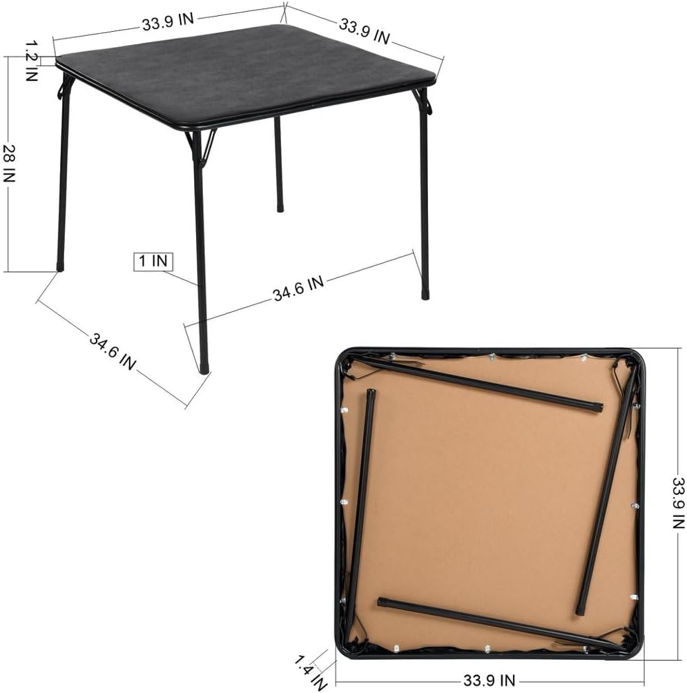34 Inch Folding Table Foldable Portable Table, Square Folding Card Table for Poker Games, Camping, Picnic, Metal Construction with PU Soft Padded Tabletop, Space Saving Storage, Black | Soft PU tabletop, folding design, portable for cards, board games