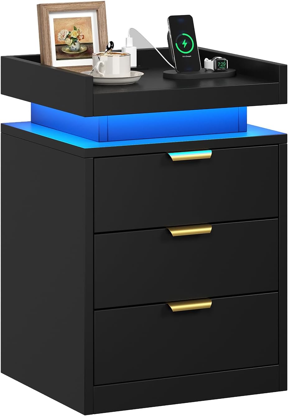 knoworld LED Nightstand with Charging Station & USB Ports, 3-Drawer Bedside Table with Adjustable RGB LED Lights, High-Gloss Modern Nightstands for Bedroom, Black