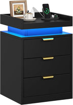 knoworld LED Nightstand with Charging Station & USB Ports, 3-Drawer Bedside Table with Adjustable RGB LED Lights, High-Gloss Modern Nightstands for Bedroom, Black
