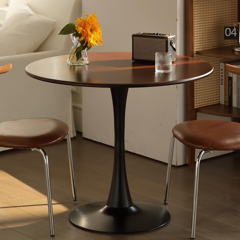 24" Round Cafe Table, Tulip Table for 2-3 Persons, Mid-Century Modern Style Round Wooden Top with Steel Sturdy Base for Living Room Balcony Kitchen Leisure (Walnut)
