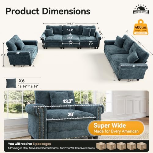 SUNSHINE VALLEY Modular Sectional Sofa Set Living Room 3-Piece Deep Seats | Mid-Century Modern 6-Seater Cloud Couch Set, Cyan, Rolled Arms & Nailhead Trim, Wider & Deeper Seats, Chenille Furniture Set