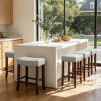 CHUN YI Bar Stools Set of 2, 24 Inch Counter Height Saddle Stools with Nailhead Trim, Backless Upholstered Barstools for Kitchen Island with Wooden Legs, Light Grey, 2 Pack