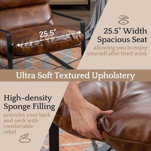 LukeAlon Set of 2 Modern PU Leather Accent Armchair, Retro Brown | Pu Leather Upholstered Living Room Chair With Metal Base & Thickened Cushion