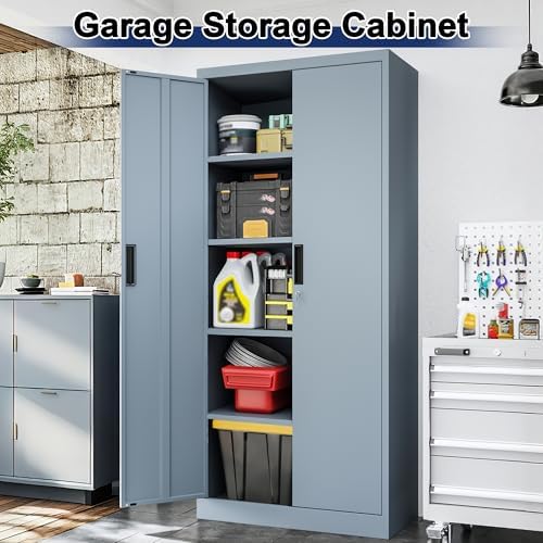 BESFUR Metal Storage Cabinet with 2 Doors and 4 Adjustable Shelves Garage Storage Cabinet with Lock 71" Office Storage Cabinets Locking Cabinets for Garage Office Shop Home (Gray)
