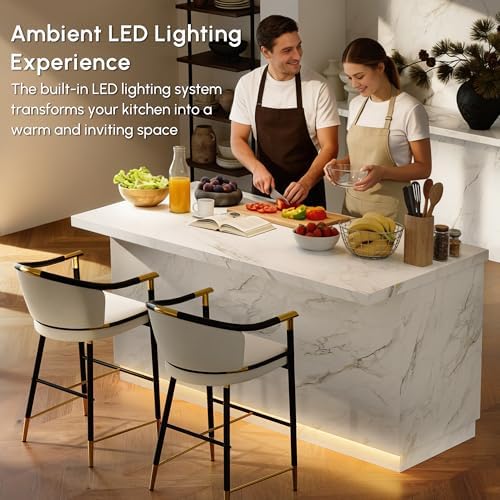 homary 72" Large White Kitchen Island with Storage & LED Lights, Wood Freestanding Island with Wine Rack, Drawers, Cabinet & Shelves, Modern for Kitchen & Dining Room