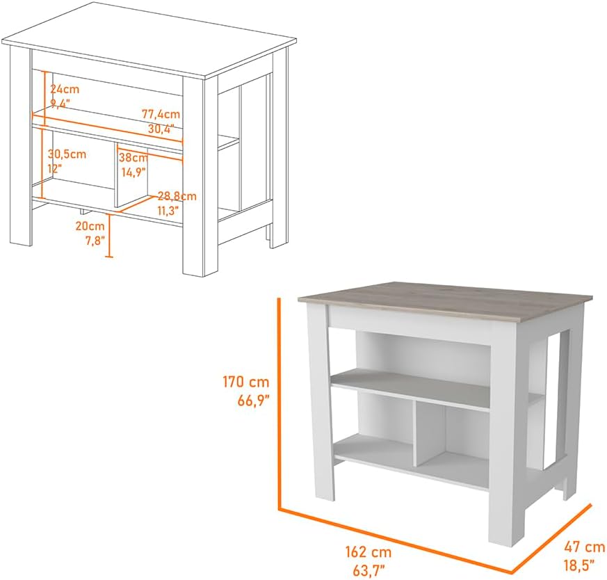 Kitchen Island with Three Shelves Light Gray/White Finish | Tabletop with silver nanoparticles protective film for hygiene