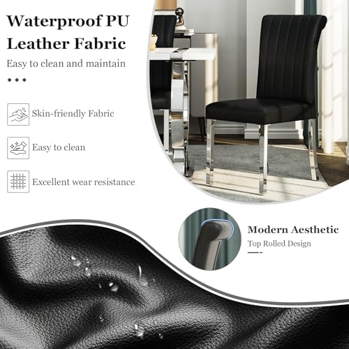 Asday Black and Silver Dining Chairs Set of 2, Modern Faux Leather Upholstered Dining Room Chairs with High Back and Metal Chrome Legs for Kitchen, Living Room, Restaurant, Apartment