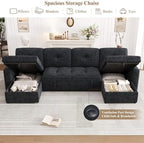 107'' LED U-Shaped Sectional Couch for Living Room, Sleeper Sofa Bed, Black | Comfy Chenille Cloud Couch, Pull Out Bed, Storage Chaise, 5-level Adjustable Backrest, USB Charging, 2 Pillow,1100LB Capacity