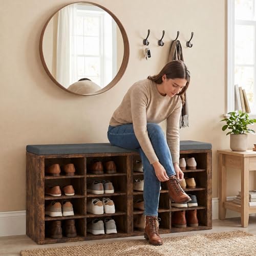 Shoe Rack Bench, Shoe Storage Bench with Cushion, Shoe Organizer 16 Cubbies for Entryway Hallway Bedroom Living Room, Holds Up to 400lbs