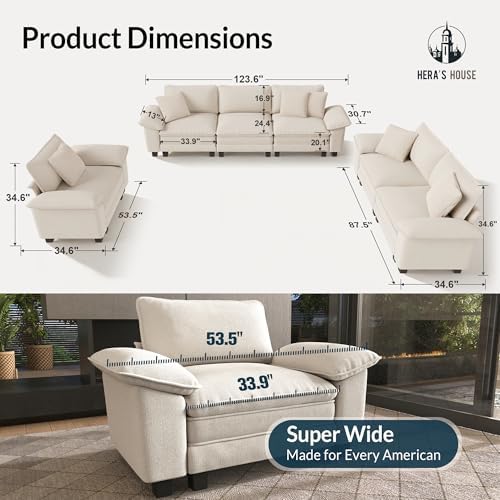 HERA'S HOUSE 3 Pieces Modular Sectional Couch Set with Armchair Loveseat | Modern 6-Seater Cloud Sofa Set , White, Wider Armrest, Comfy Deep Seat, Soft Chenille Furniture Set for Living Room