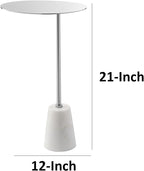 Benjara Frank 12" Drink Side End Table- Chrome Top- White Marble Solid Base