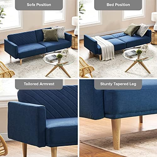 mopio 76.4" Futon Sofa Bed Chevron Styled, Sleeper Couch (Classic Blue Velvet)