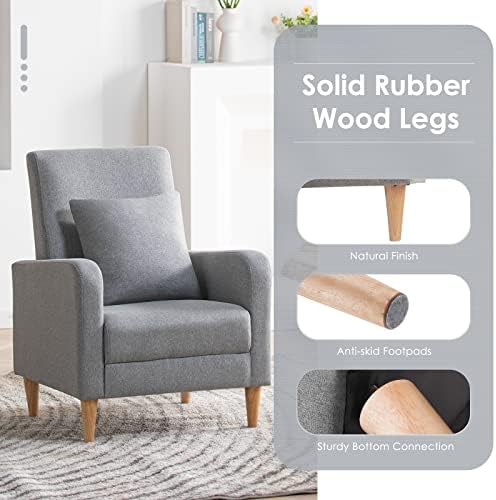 COLAMY Mid-Century Modern Upholstered Accent Chair with Back Pillow & Solid Wood Legs, Fabric Cozy Armchair for Living Room, Bedroom, Reading Nook, Apartment & Small Spaces, Lightgrey